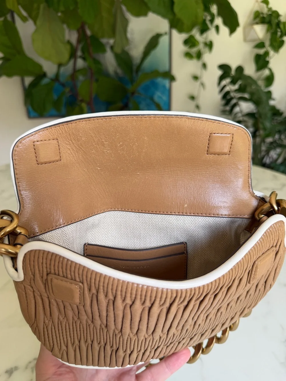 Tory Burch Fleming Soft Pleated Mini Crescent Bag Dusty Almond Leather w/ Chain
